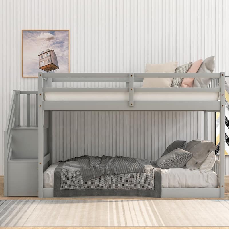 Twin over Twin Bunk Bed Floor Bed with Ladder with Storage