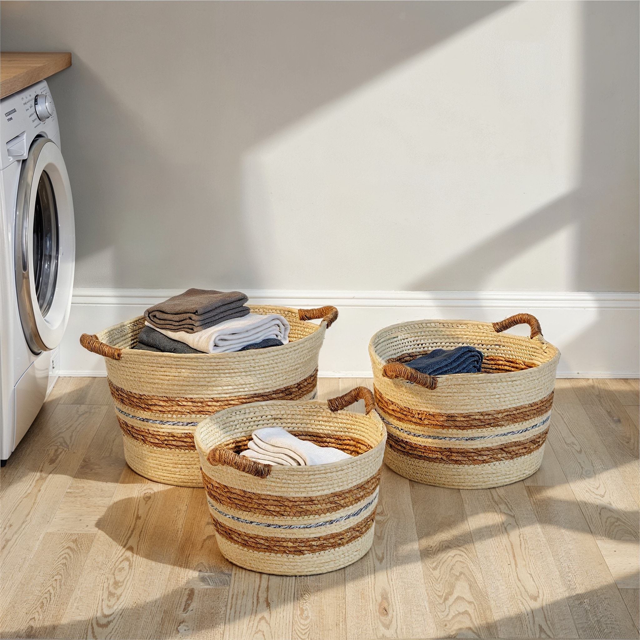 Household Essentials Striped Paper Nestable Baskets with Side Handles, Set of 3