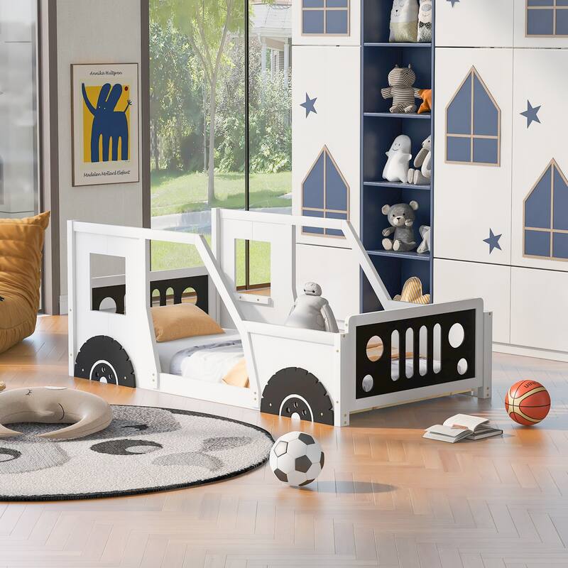 Twin Size Classic Car-Shaped Platform Bed with Wheels