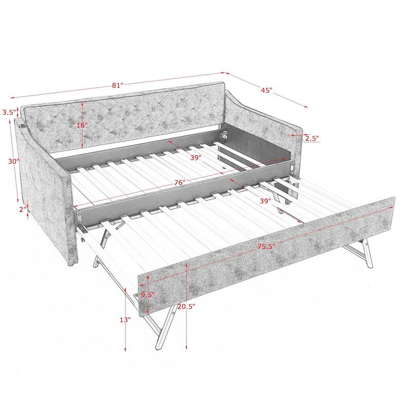 Twin Upholstered Daybed with Pop-Up Trundle & USB Charging Ports
