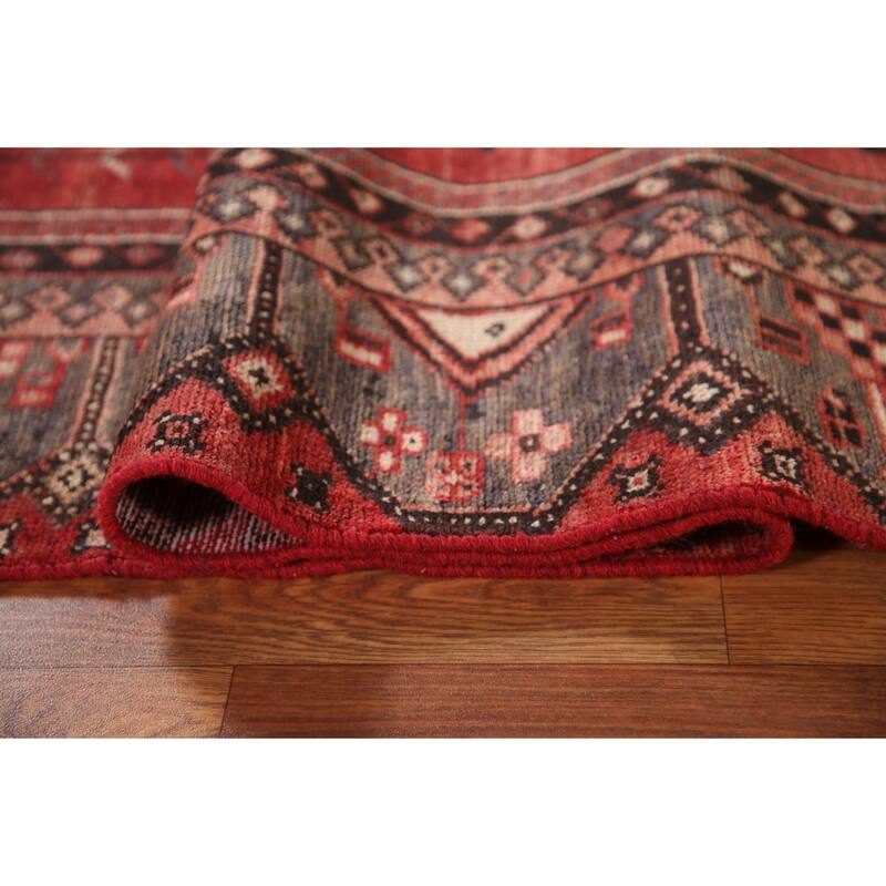 Geometric Hamedan Persian Vintage Runner Rug Hand-Knotted Wool Carpet - 3'9"x 9'5"