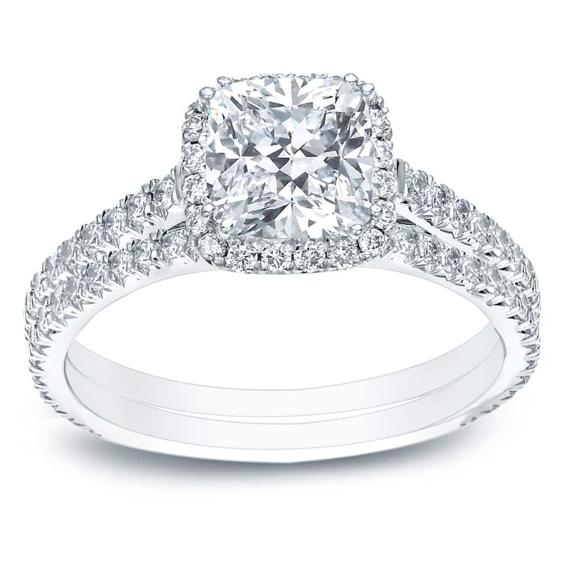 Auriya 2ctw Cushion-cut Halo Diamond Engagement Ring Set 14k Gold Certified