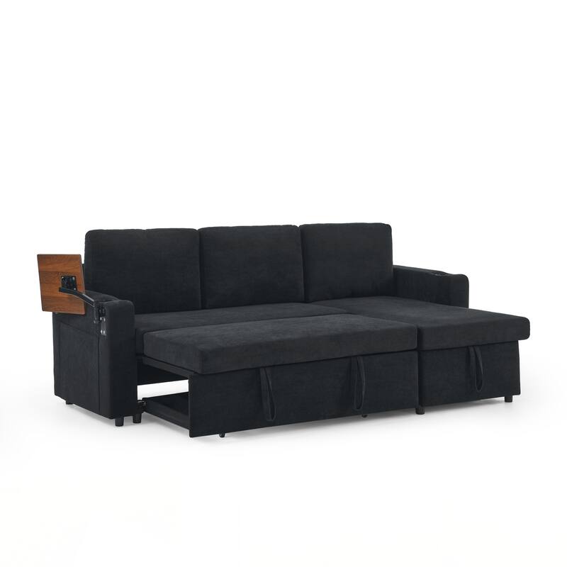 Modern Chenille Multi-functional Pull-Out Bed Sofa with Retractable Table and LED Lighting