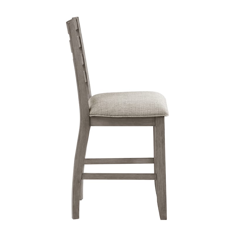 Trea 26 Inch Counter Height Chair, Ladder Back, Polyester, Gray Solid Wood