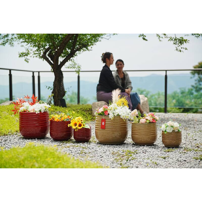 Ceramic Planters with Drainage Hole - Frost Proof Indoor Outdoor Flower Pots, for Patio Garden Windowsill, Set of 3 - Antique Bronze