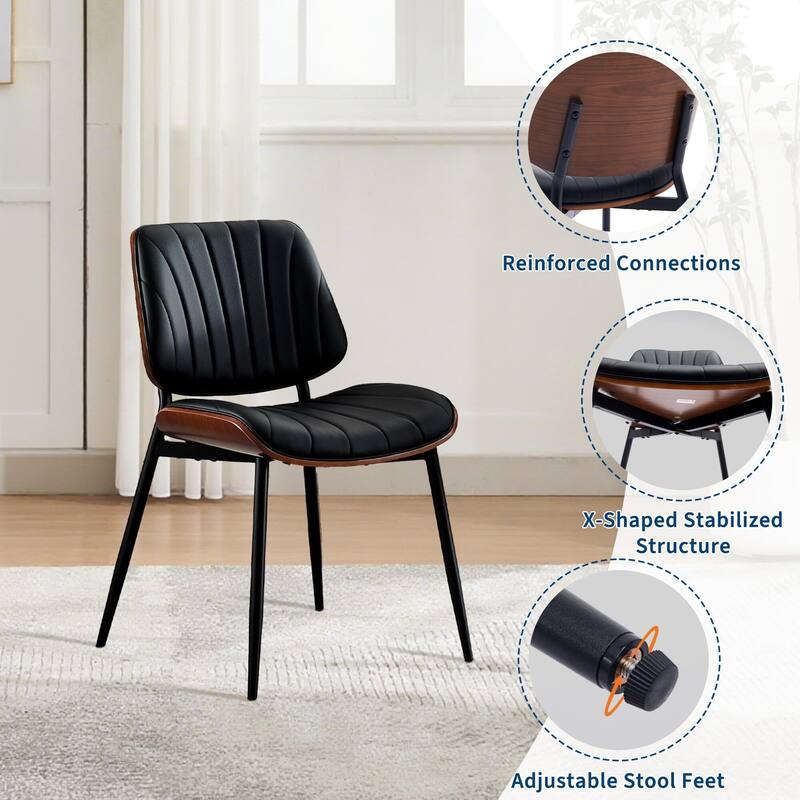 Dining Chairs Set of 2, Modern PU Leather Upholstered Accent Chairs with Shell Strips, Walnut Bentwood Back