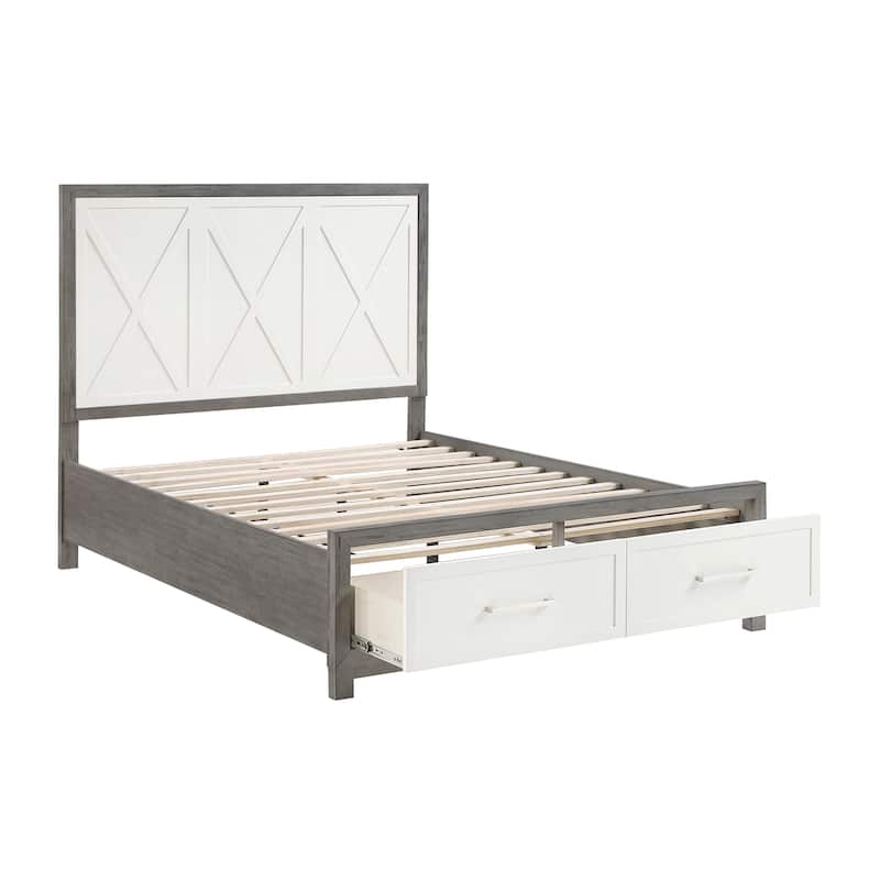 Queen Platform Bed with Footboard Storage in Ivory and Gray Finish