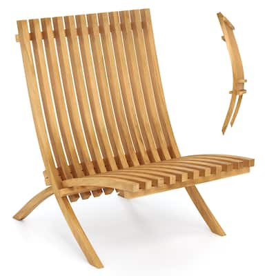 Gymax Folding Patio Chair Teak Wood Outdoor Lounge Chair w/ Slatted