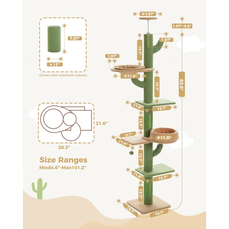 Floor to Ceiling Adjustable Height Cat Tree, 5 Levels Cactus Cat Tower with Cat Perch & Replaceable Hammock