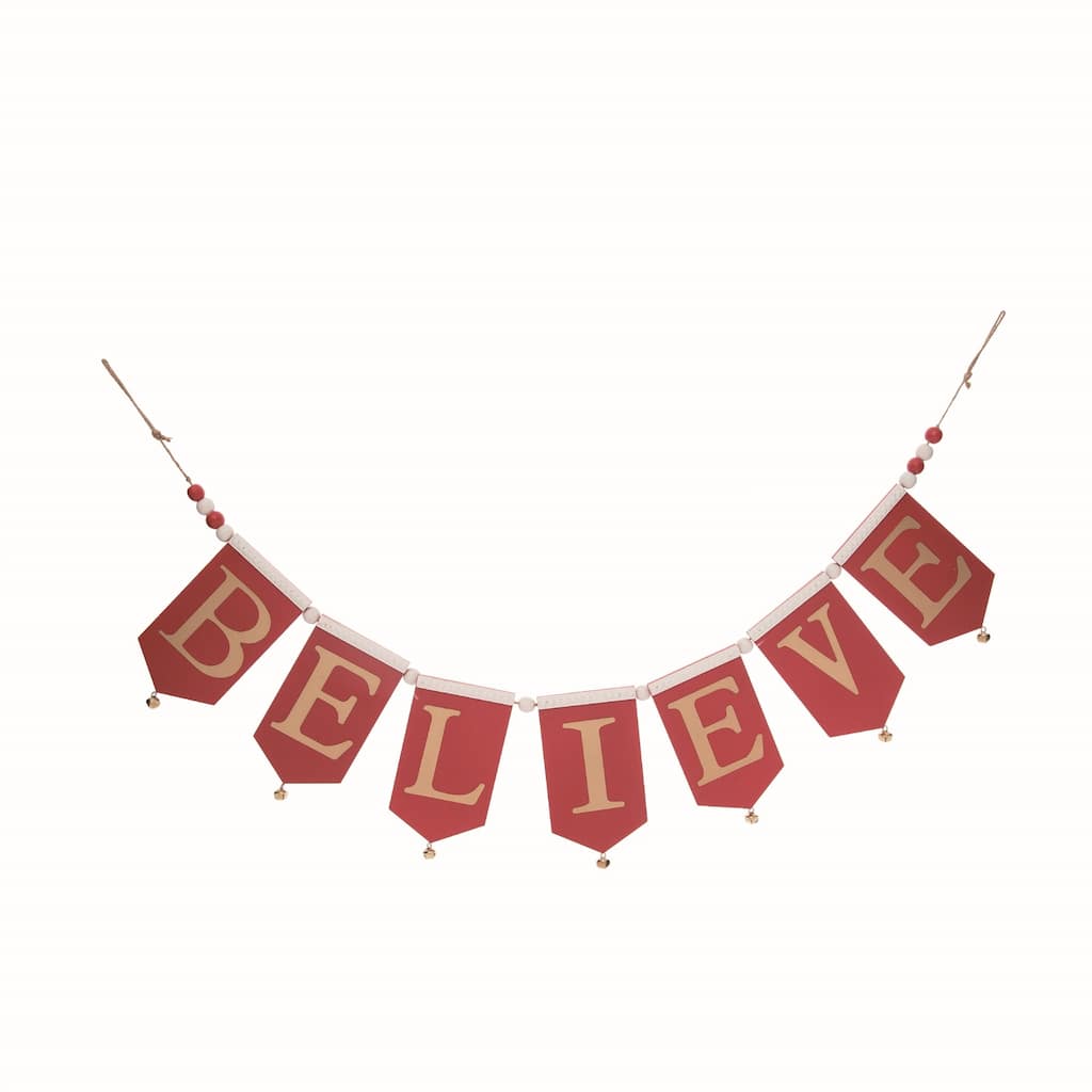 Transpac Wood 39.5 in. Red Christmas Beaded Believe Banner