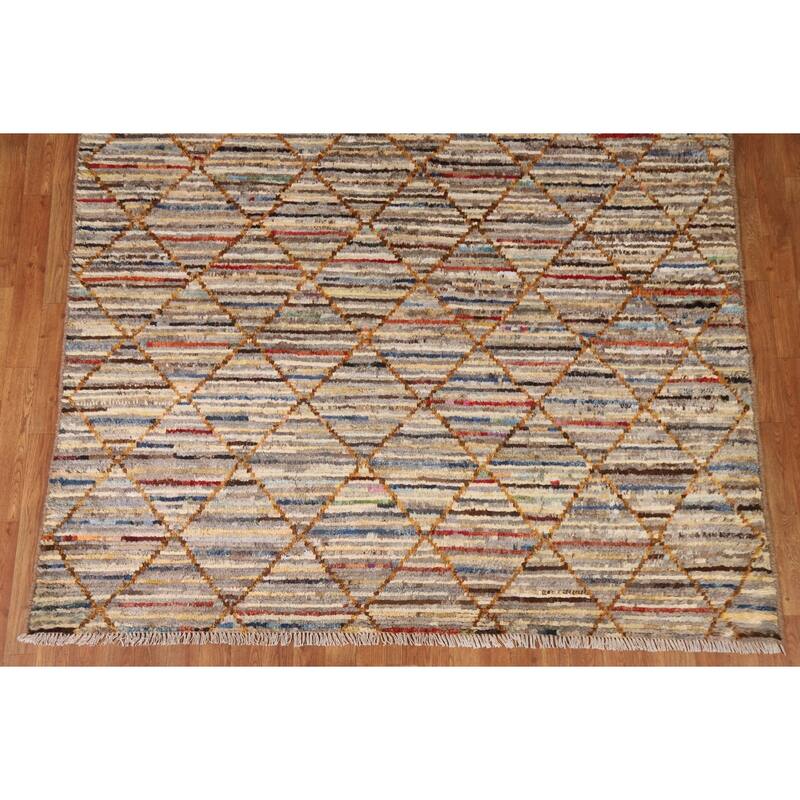 Hand Knotted Oriental 100% Wool Carpet Modern Stripe Multi-Colored Moroccan Area Rug - 9' 9'' X 6' 7''