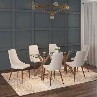 Contemporary 7pc Dining Set with Walnut Table & Beige Chair