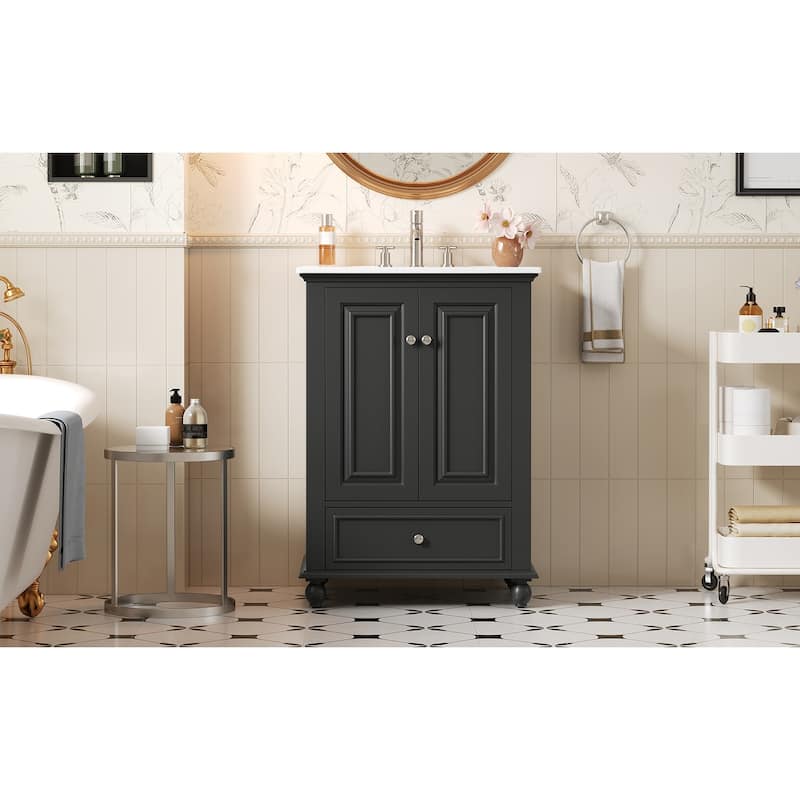 24"Bathroom Vanity with Ceramic Sink, Storage Cabinet with Soft Closing Doors, Bathroom Cabinet with Drawer and Drawer Dividers