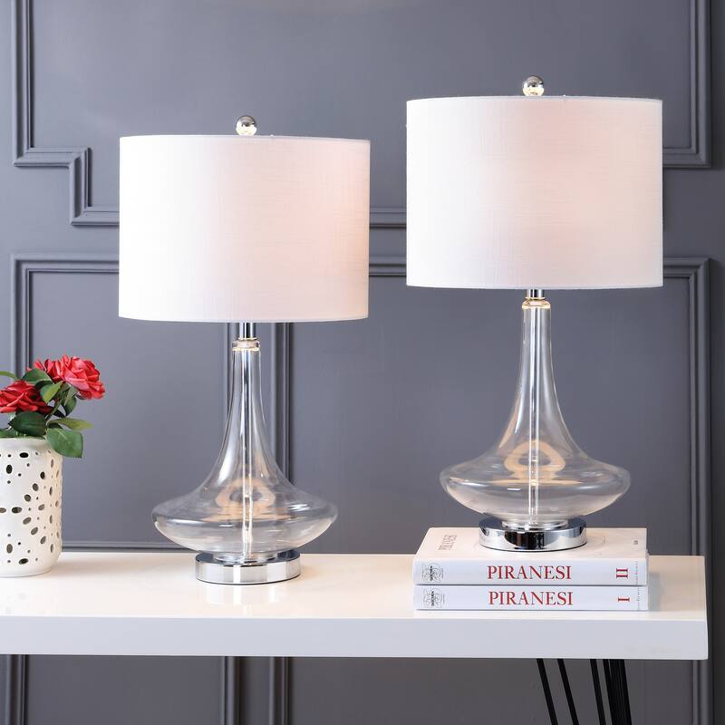 Ames 25.5" Glass Teardrop LED Table Lamp, Mercury Silver/Chrome (Set of 2) by JONATHAN Y - Clear