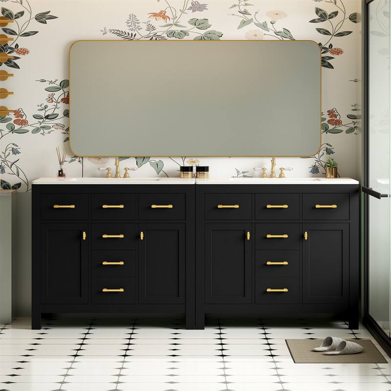 72" Bathroom Vanity Set with Ceramic Sink (Separate) and Drawers & Cabinets - Black