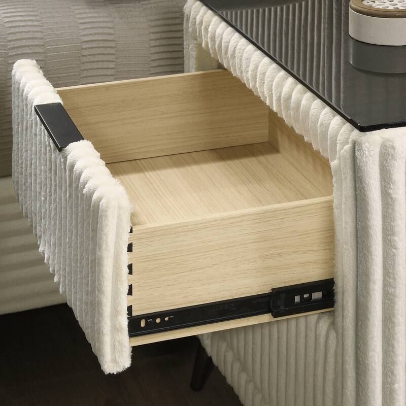 Wide Wale Corduroy Upholstered Nightstand with Two Drawers in Cream