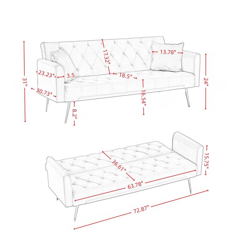 Convertible Sleeper Sofa Bed, Foldable Velvet Loveseat with Adjustable Backrest and Metal Legs, Cloud Chaise Lounge Couch