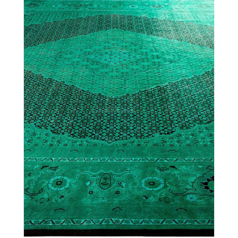 Overton Hand Knotted Wool Vintage Inspired Modern Contemporary Overdyed Green Area Rug - 9' 10" x 14' 8"