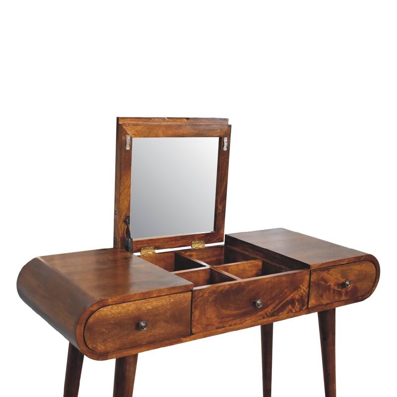Chestnut Finish Flip-Top Mirror Dressing Table for Elegant Home Décor