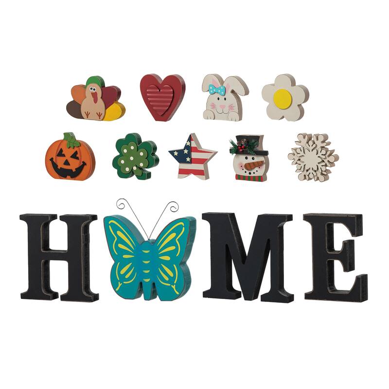 Glitzhome 13 Pieces Patriotic/Fall/Halloween/Thanksgiving Tabletop With 10 Interchangeable Icons - 5"H