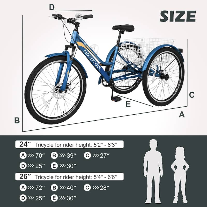 DoCred Mountain Tricycle 7 Speed 3 Wheel Bike with Basket