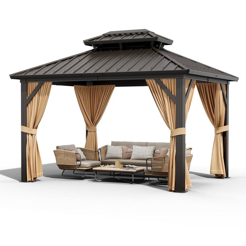 Outdoor Hardtop Gazebo Galvanized Aluminum Framed Double Roof Pavilion with Netting and Curtains, Waterproof Roof Gazebo