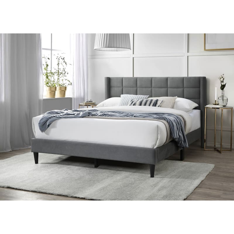 Modern Gray Brushed Linen Queen Size Upholstered Platform Bed with Tufted Headboard