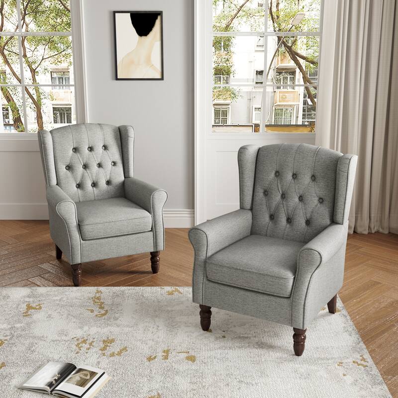 Button Tufted Armchair Wingback Wood legs Accent Chairs (Set of 2)