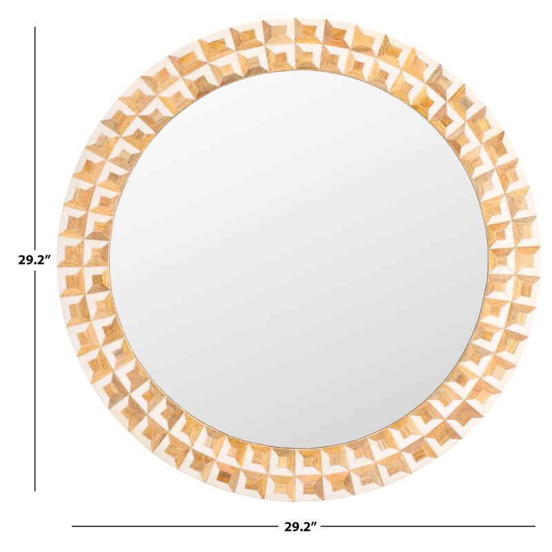 SAFAVIEH Home Aria 29.2-inch Round Antique Ivory/Natural Brown Resin/Mango Wood/MDF Mirror
