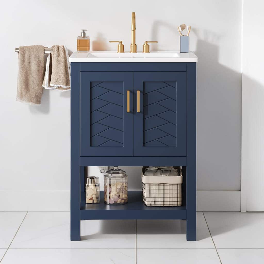 24 Inch Modern Bathroom Vanity with Ceramic Sink, Storage Cabinet with Adjustable Shelf and Soft Close Hinges