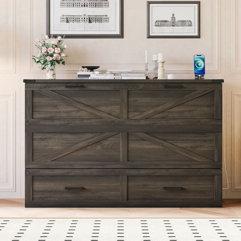 Wooden Foldable Murphy Cabinet Bed Platform Bed Bottom Large Storage Drawer Side with Outlets and USB Ports