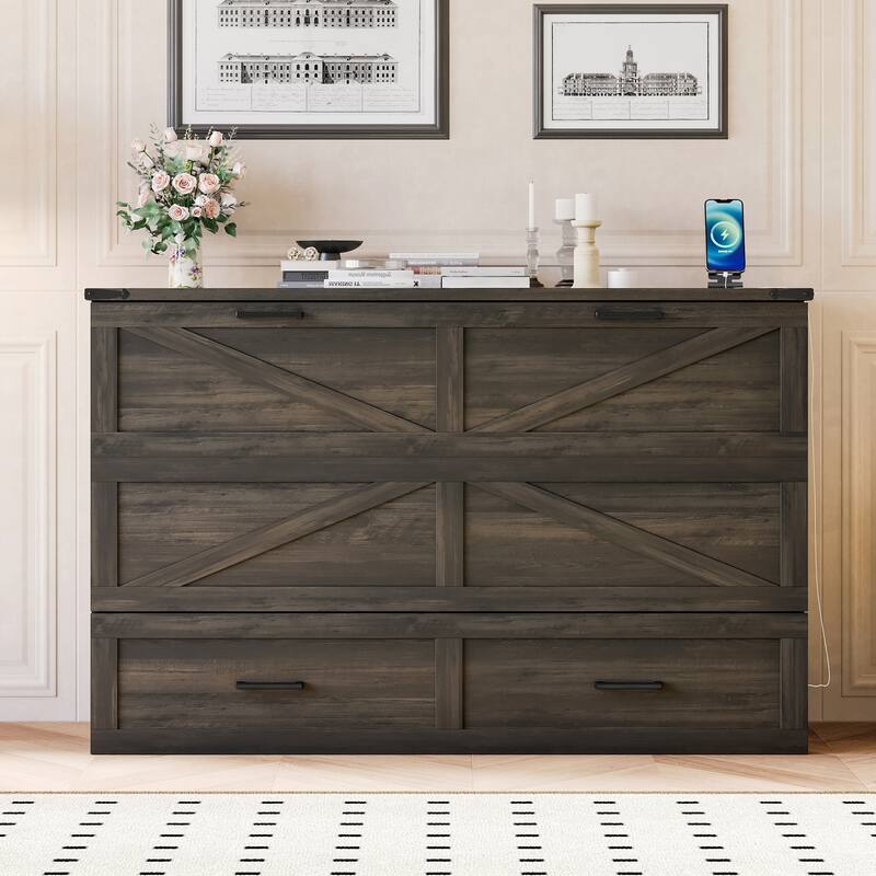 Queen Size Farmhouse Murphy Cabinet Bed with Charging Station, Foldable Platform Bed with Large Storage Drawer for Guest-Room