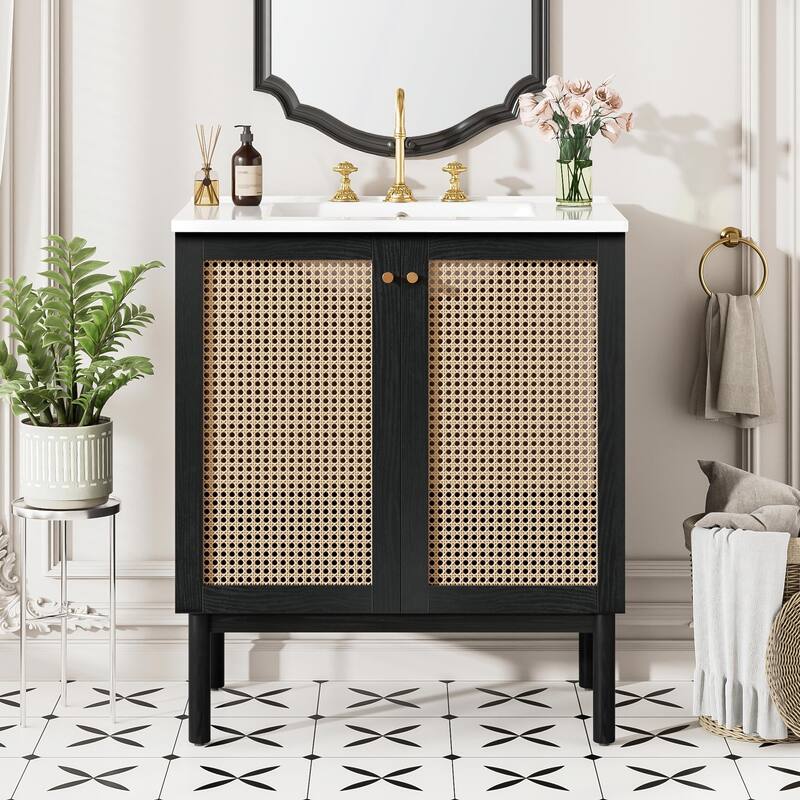 30" Bathroom Vanity with Handmade Rattan Doors - Natural Materials & Soft-Close Mechanisms - Black