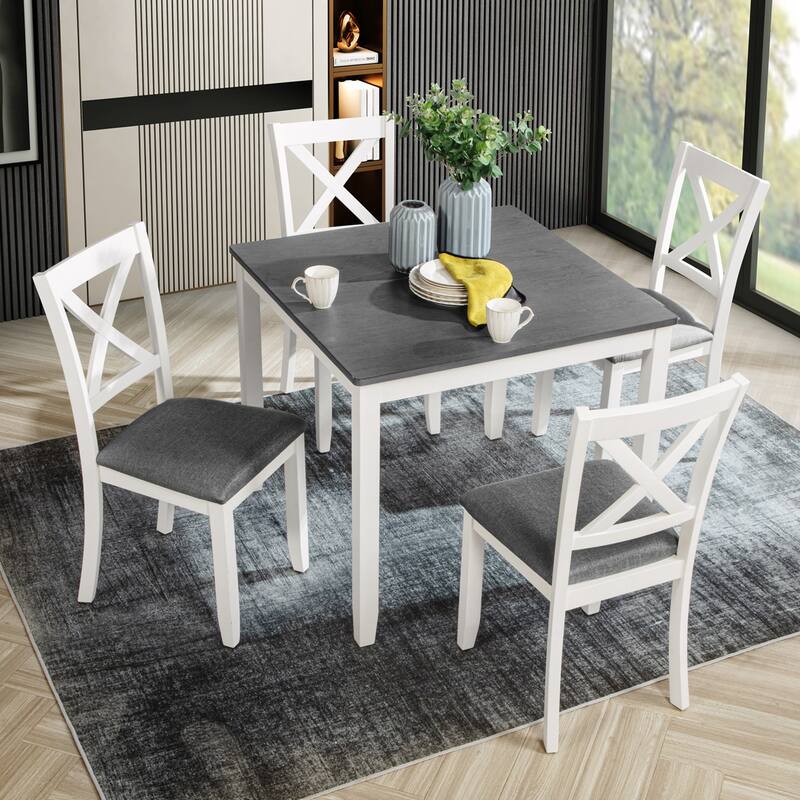 5-Piece Wooden Dining Table Set, Kitchen Table Chairs Set with Square Table, 4 X-Shaped Backrest Upholstered Chair - White+gray