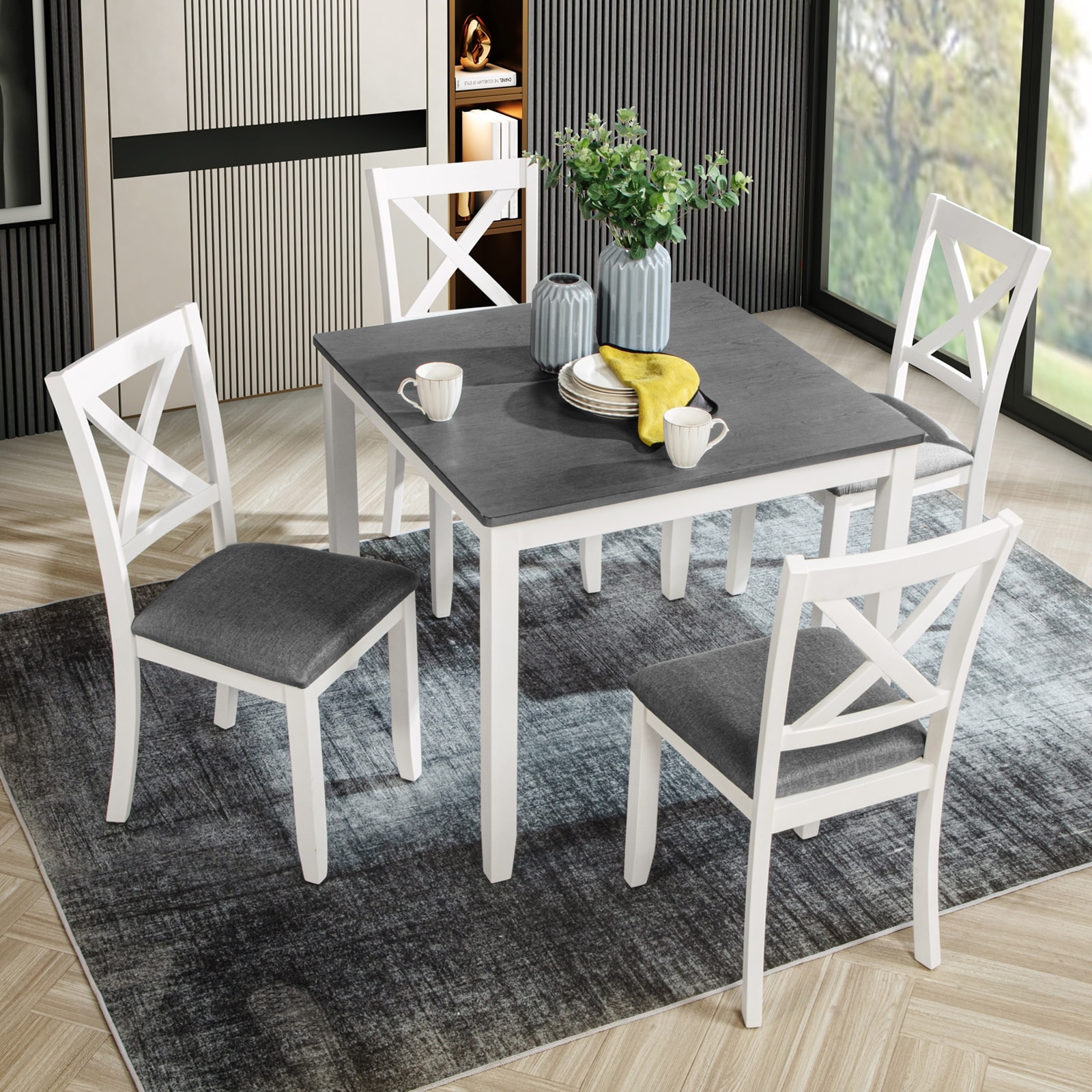 GDFStudio - Westmoor 5-Piece Transitional Wooden Dining Table Set with 4 X-Back Upholstered Chairs