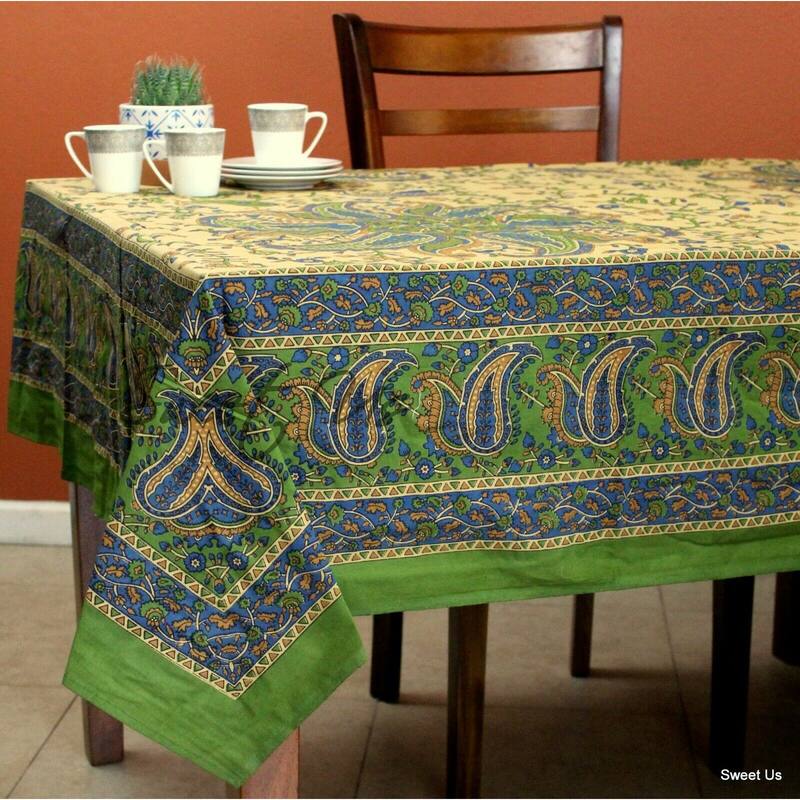 Cotton Block Print Paisley Floral Tablecloth Rectangle