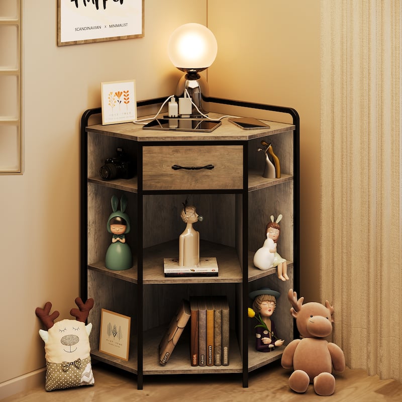 Corner Cabinet with Drawer Wooden Storage Cabinet Organizer with USB Ports and Outlets - 30" L x 21.8" W x 35.46" H