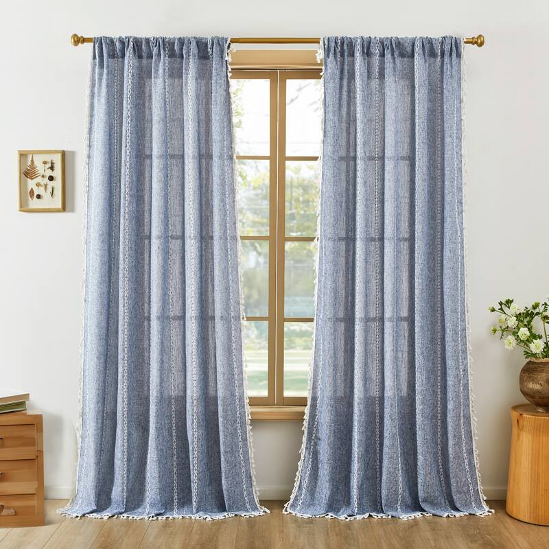 Deconovo Boho Sheer Curtain with Tassels & Embroidery 1 Panel - 52W x 72L - Blue