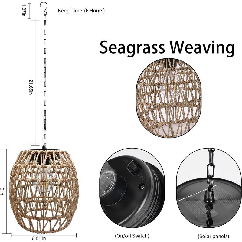 Twine hooks hanging lamp brown, beige solar light rattan, bamboo porch light