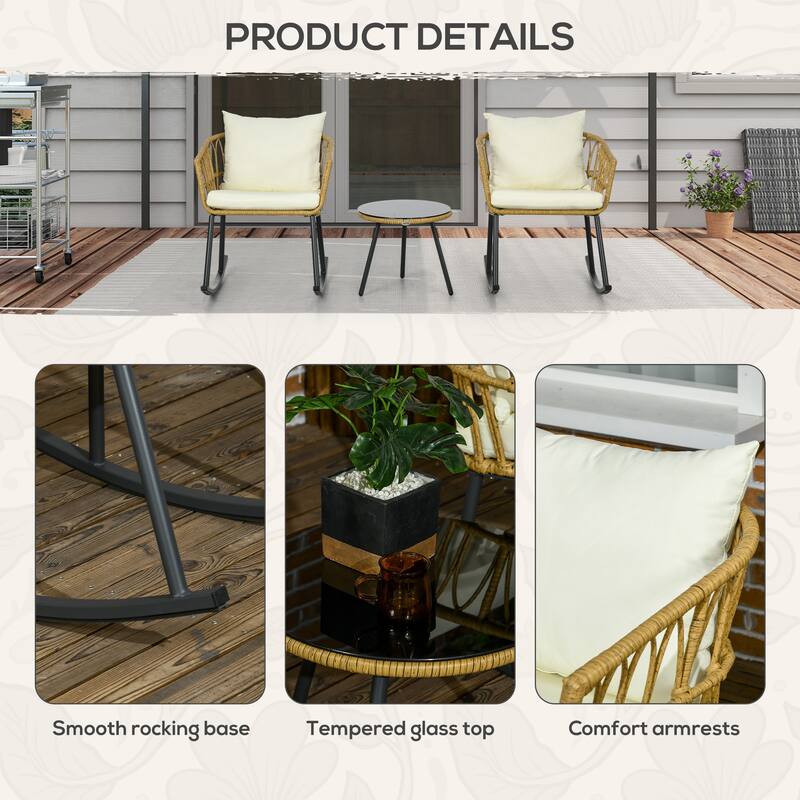Outsunny 3 Piece Patio Rocking Chair Patio Set with Cushions, Outdoor PE Rattan Wicker Bistro Set with 2 Porch Rocker Chairs