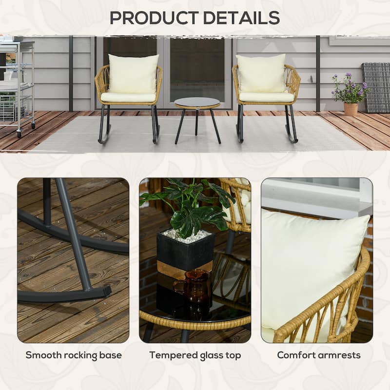Brown Cream Outdoor Rocking Bistro Chair Set with PE Rattan and Glass Table - 24.75" W x 31" D x 29.25" H