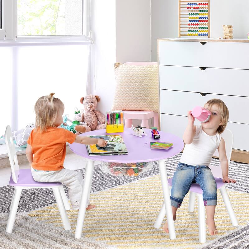 Costway Kids Wooden Round Table & 2 Chair Set w/ Center Mesh Storage - See Details