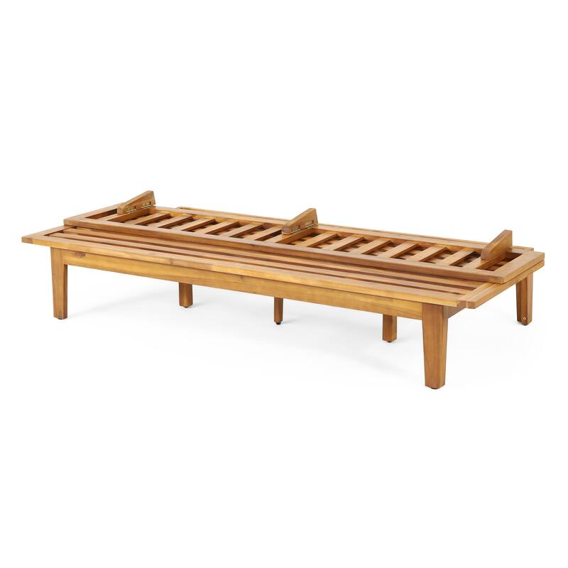 Roomfitters Adjustable Outdoor Wooden Bench with Slatted Backrest and Mid-Century Modern Design, Beige+Teak