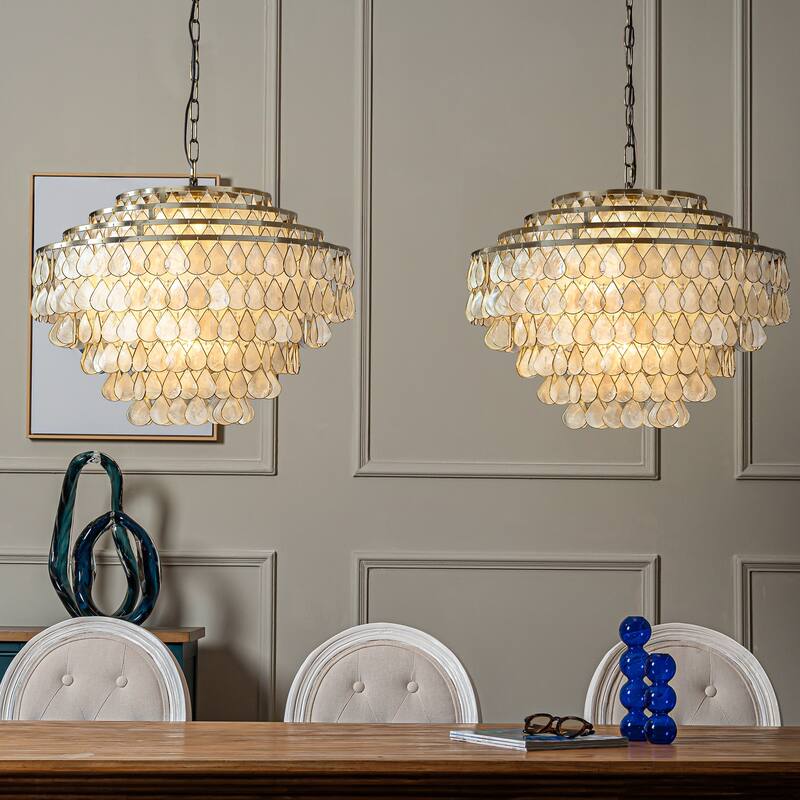7-Light 24'' Mid-Century Modern Coastal Aged Bronze 4-Tier Natural Capiz Shell Chandelier Glam Pendant Light For Dining Room