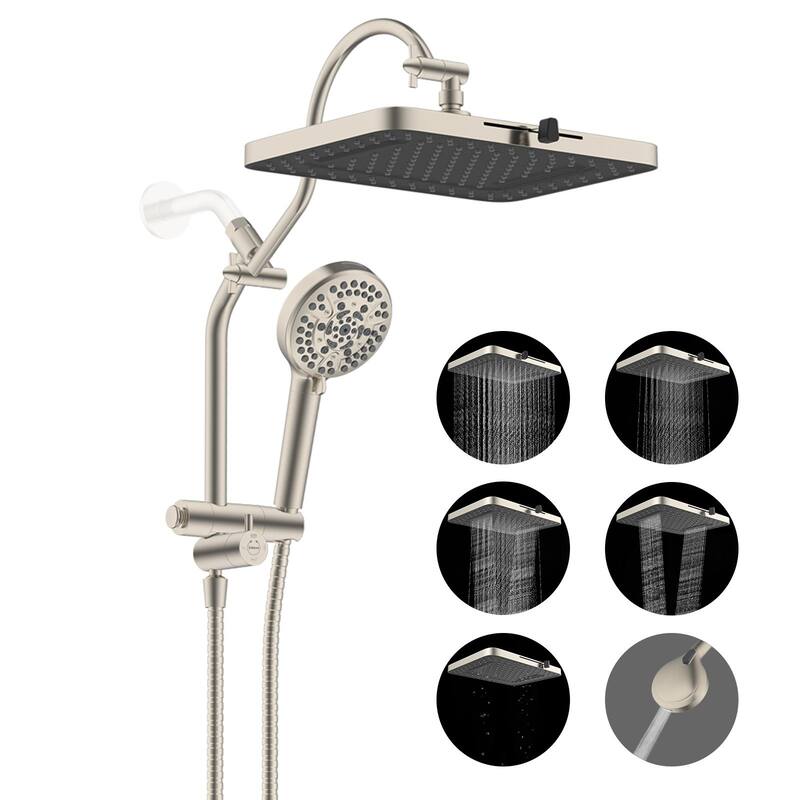 4-way Dual Shower Heads w/5-Spray Rain Shower&10-setting Hand Shower - Brushed Nickel