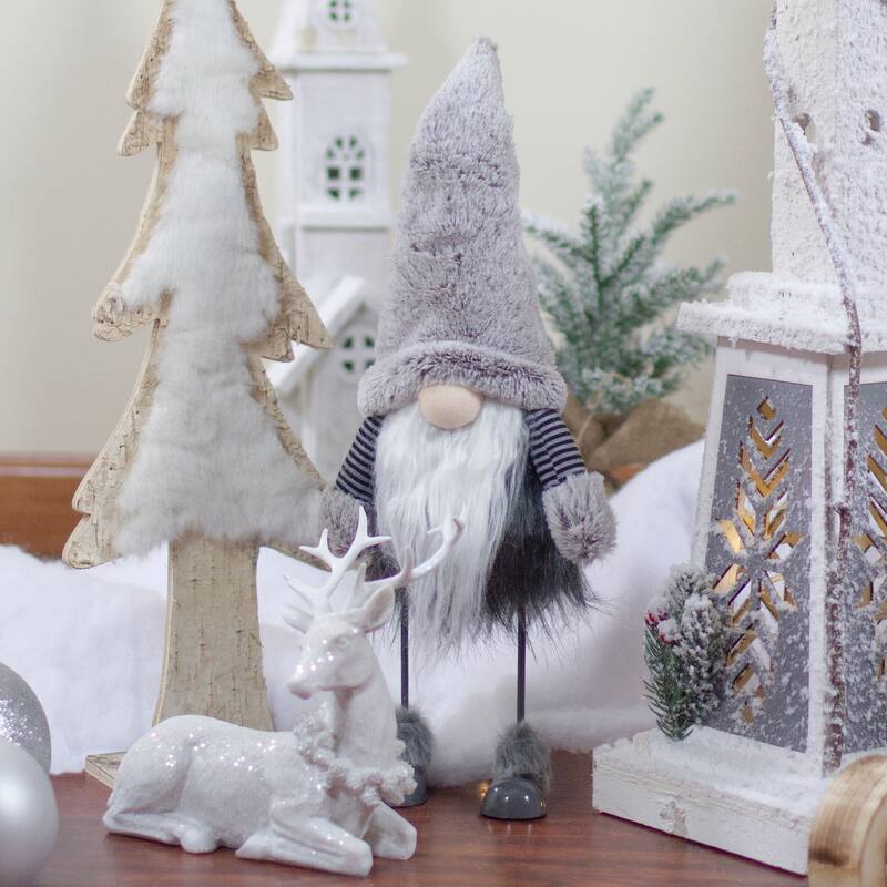 Bouncing Gnome with Shaggy Beard Christmas Figure - 17" - Gray and Black