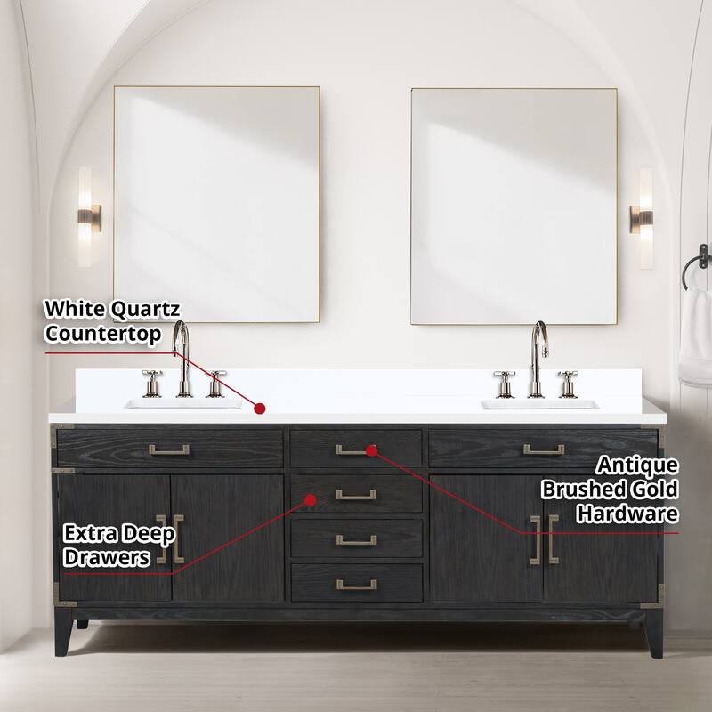 Laurel 60 in W x 22 in D Black Oak Double Bath Vanity, White Quartz Top, Faucet Set, and 28 in Mirrors