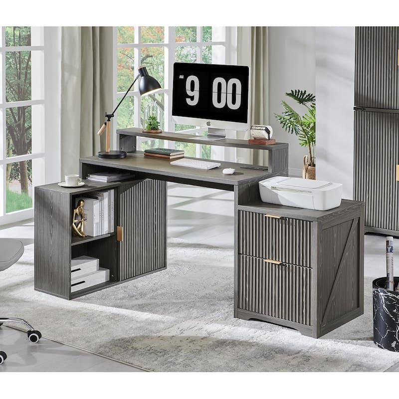 67" Modern L Shaped Desk, Wood Home Office Desk with Charging Station - Grayish Green