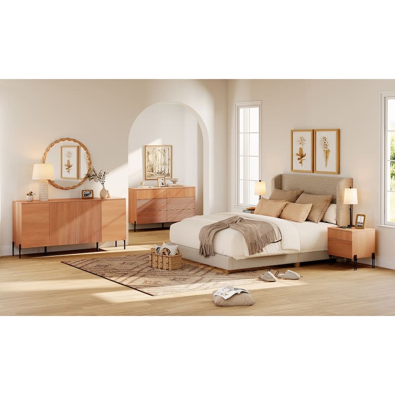 WAMPAT 4-Piece Bedroom Furniture Set, 47" Fluted 6 Drawer Dresser, 61" Buffet Sideboard, 2 Nightstand with Charging Station, Oak