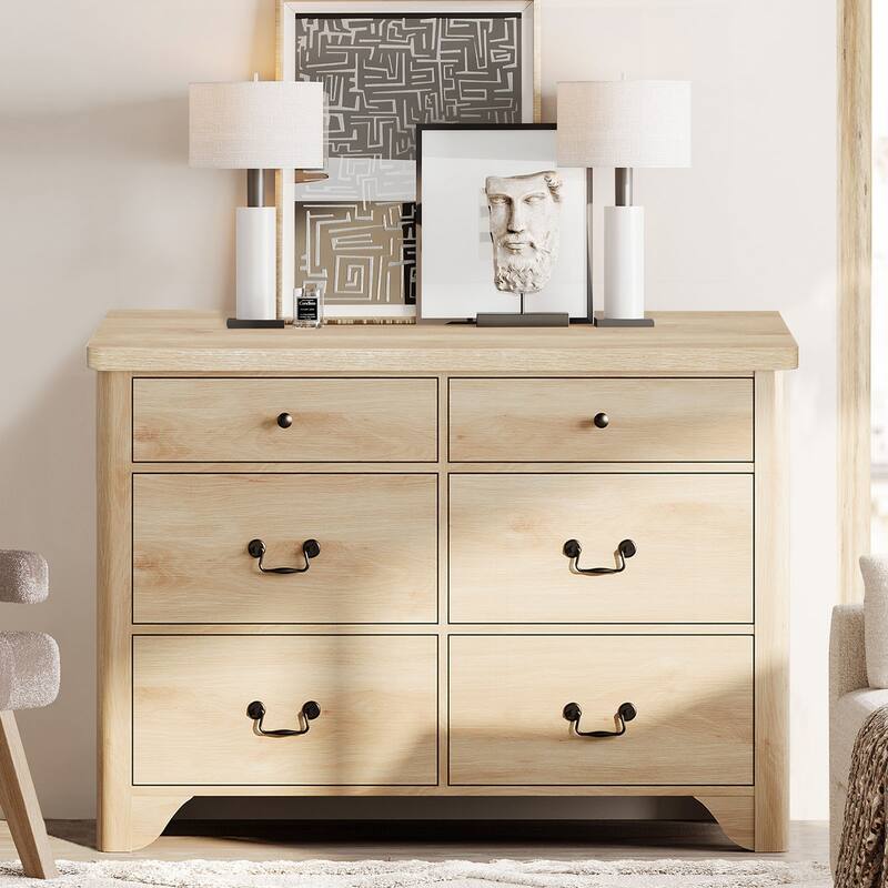 WAMPAT Farmhouse Nightstand with 3 Drawers - Oak - 6-drawer